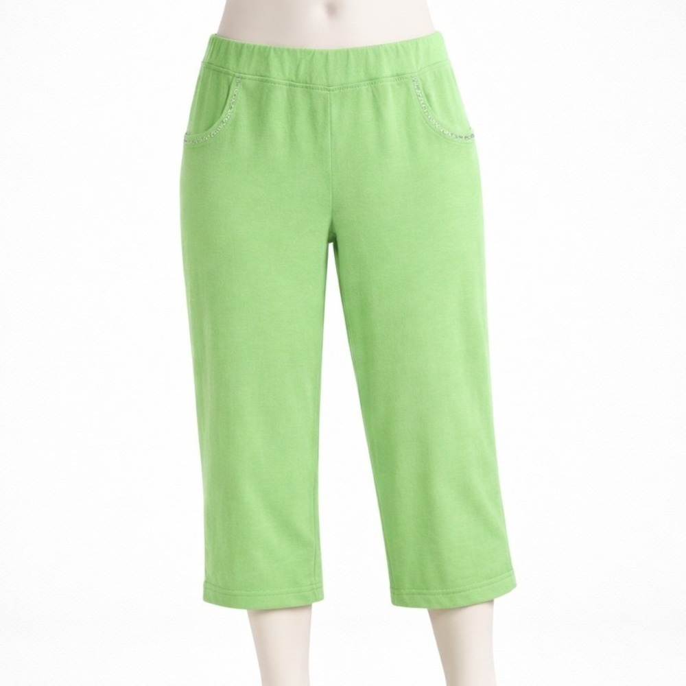 Onque Petite Crop Pants Size PM Lime Green Casual Resort Coastal Lounge Relaxed